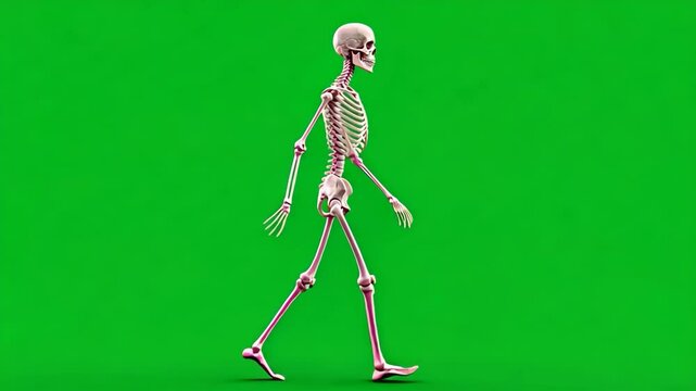 Walking skeleton on a green screen background, ideal for compositing, animation, and creative projects requiring customizable footage of a skeleton in motion.