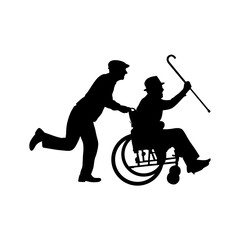 A person in a wheelchair pushing another elderly person, vector