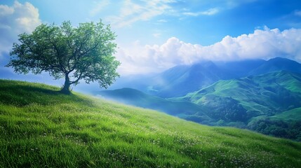 A tree is standing in a lush green field with a clear blue sky above. The scene is peaceful and serene, with the tree providing a sense of calm and tranquility