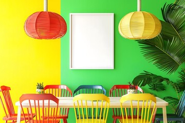 Obraz premium Vibrant Dining Room with Colorful Chairs and Blank Canvas for Mockup.