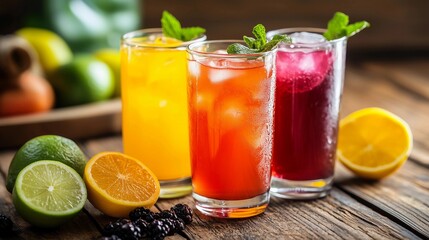 Fototapeta premium Three glasses of different colored drinks with fruit on the table. The drinks are orange, red, and purple