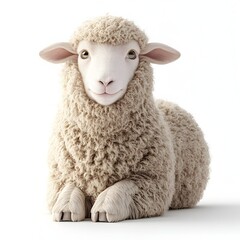 Obraz premium An adorable fluffy lamb sits calmly on a white background perfect for children's books and textile designs.