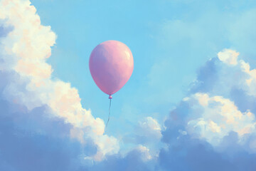 Obraz premium Pink balloon floating in cloudy sky, freedom and dream concept