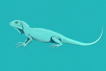Fototapeta premium Turquoise iguana walking on solid color background