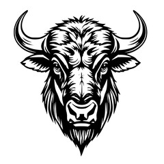 Powerful Bison Head: A striking black and white illustration captures the imposing presence of a bison head, showcasing its strength and majestic horns.