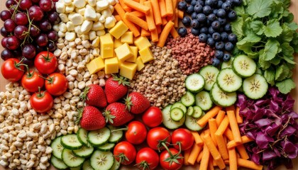 A beautifully arranged platter of assorted colorful vegetables, fruits, nuts, and grains, showcasing a rainbow of fresh, organic