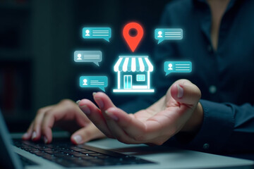 Local business reviews and customer feedback system on mobile device, showcasing star ratings for small businesses. Digital marketing, local SEO. 