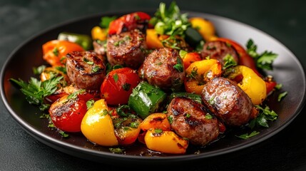 A vibrant plate of grilled sausages paired with assorted colorful peppers, garnished with fresh parsley, showcasing appetizing presentation and delightful textures.
