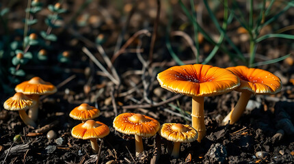 Fototapeta premium Nature of mushrooms in garden using as cover page background, created by generative ai