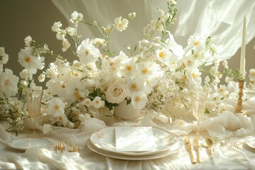Elegant white wedding table setup with floral centerpiece and golden cutlery in soft natural light
