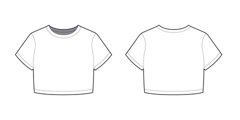 Crop Boxy T-shirt Wide Crew Neckline For Women Vector Mock-up Fashion Template Flat Illustration 