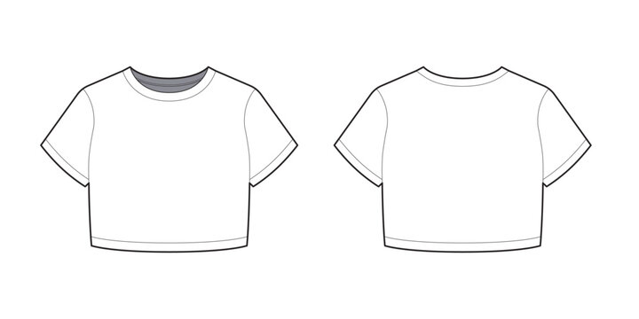 Crop Boxy T-shirt Wide Crew Neckline For Women Vector Mock-up Fashion Template Flat Illustration 