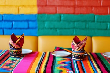 Vibrant Table Setting with Colorful Napkins and Tablecloth Against a Brick Wall.