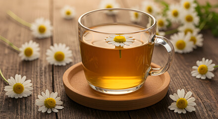 Close Up of Chamomile Tea in Glass Cup Surrounded by Daisies on Wooden Table Top with Warm Lighting