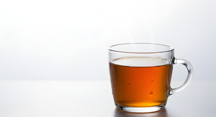 Close Up Glass Mug of Steaming Tea on a White Surface in Studio Lighting