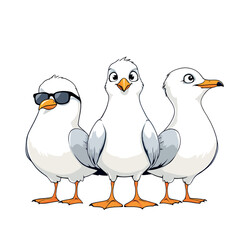 Three cartoon seagulls posing together, one wearing sunglasses
