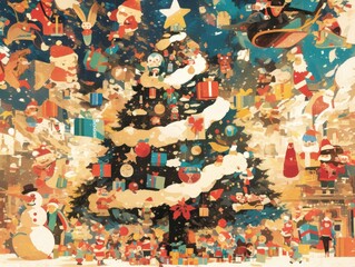 Naklejka premium Festive Christmas tree, gifts and happy people, winter wonderland painting