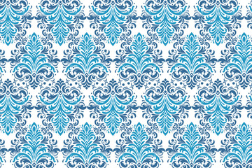Fototapeta premium antique damask pattern in blue with elegant bohemian floral elements for decorative textile, background, and fabric use