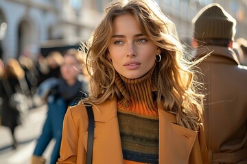Obraz premium Capturing Confidence: A Close-Up Shot of a Fashion Model Strutting in Trendy Outfit with Bold Pop of Color on Busy City Street