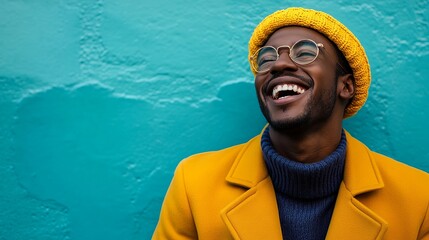 Portrait of a happy african american man in yellow coat and beanie laughing against a blue textured wall