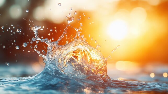 A captivating water splash rises against the backdrop of a setting sun, sparkling with golden reflections—the perfect embodiment of nature's dynamic artistry and transient beauty.