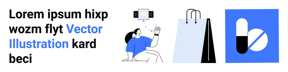 Female character using smartphone, minimal shopping bags, medical capsule icon. Ideal for e-health, online shopping, digital payments, telemedicine, pharmacy apps, modern lifestyle simple landing