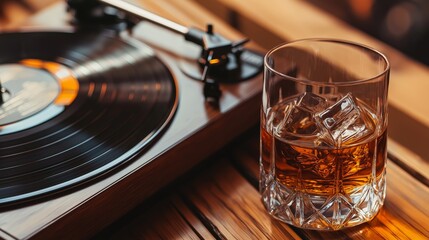 Glass of Whiskey with Ice Next to a Spinning Vinyl Record Player on a Wooden Table in Warm Ambient Lighting