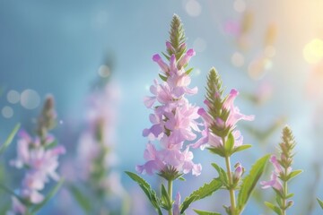 Naklejka premium Delicate pink flowers bloom under soft sunlight in a tranquil garden setting