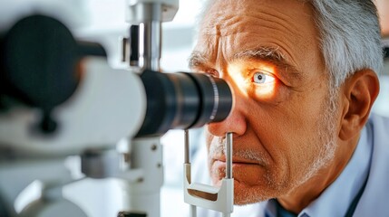 An elderly male patient receives a thorough eye examination using advanced equipment in a well-lit clinic, highlighting the importance of vision health