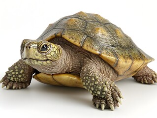 Fototapeta premium A detailed 3D render of a cute yellow-brown turtle with textured and claws against a white background.