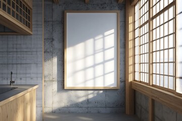 Blank Canvas in a Modern Minimalist Kitchen with Exposed Concrete and Japanese-Style Windows.