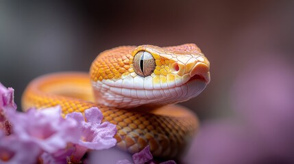 Fototapeta premium This striking close-up features a vividly colored snake poised amidst delicate pink flowers, showcasing nature's intricate details and beautiful interactions.