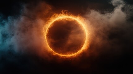 This abstract image features a fiery circle surrounded by soft swirling smoke, creating a captivating effect that embodies the themes of warmth, energy, and transformation.