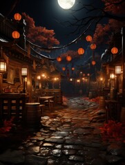 A cobblestone street at night lit by lanterns and the moon in a japanese style village scene