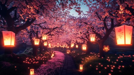Enchanted Cherry Blossom Pathway Illuminated by Lanterns in a Dreamy Spring Landscape at Dusk