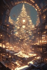 Obraz premium Festive golden tree, city aglow with sparkling lights, a winter wonderland