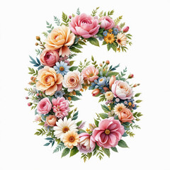 The number "6", created from pink, yellow and white flowers framed by green leaves. The bright composition on a white background symbolizes joy and freshness.