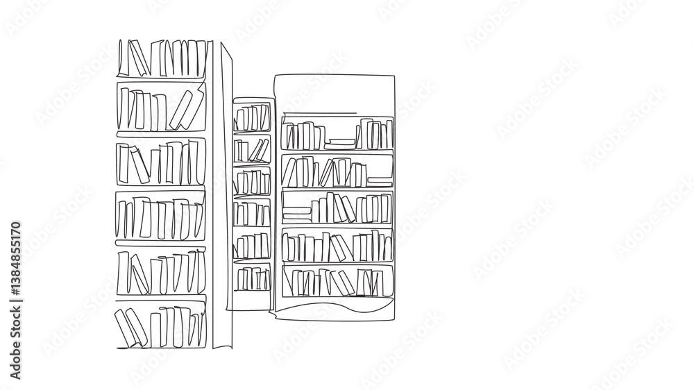 Poster self drawing animation of single continuous line drawing bookcases lined up to create a corridor. th