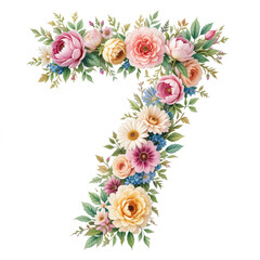 The number "7", created from pink, yellow and white flowers framed by green leaves. The bright composition on a white background symbolizes joy and freshness.