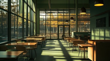 Modern cafe interior with fall foliage view.  Possible use Stock photo for restaurant design