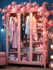 A pink wardrobe with glass doors decorated with cherry blossoms and soft lighting in a blue room