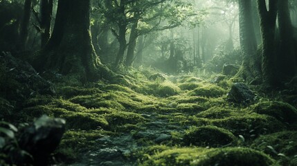 Fototapeta premium Mystical woodland scene with vibrant moss and ethereal light filtering through