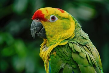 Vibrant green parrot with red forehead perched among lush foliage in a tropical setting