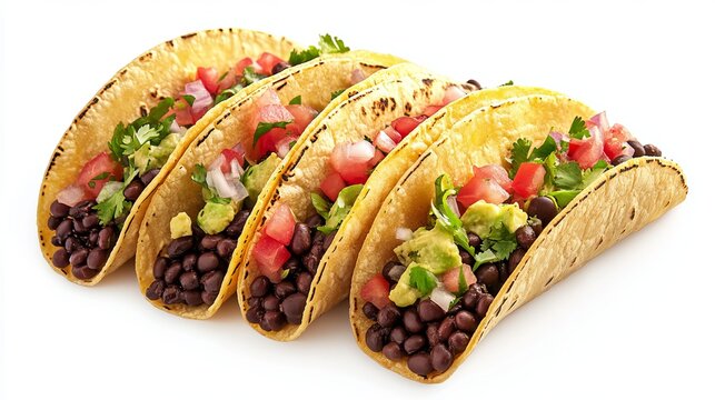 A close up of four tacos filled with black beans avocado tomato and cilantro on a white background