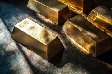 Several gold bars rest on a polished surface, their reflections shimmering under soft light. The arrangement evokes a sense of opulence and rare beauty