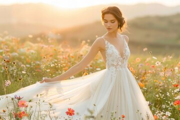 Fototapeta premium Enchanting Photoshoot: A Bride in a Flowing White Gown Embracing the Beauty of Wildflowers at Golden Hour
