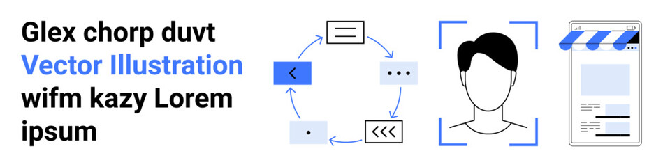 Circular workflow with arrows, profile head, and online store interface screen. Ideal for identity verification, user flow, online business, automation, teamwork, marketing simple landing page