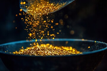 Gold dust pours from a prospector's pan into a bowl, highlighting the excitement and energy of traditional gold mining in this captivating moment