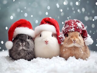 christmas bunnies in santa hats on snow with sparkling background