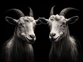 portrait of two goats on black background